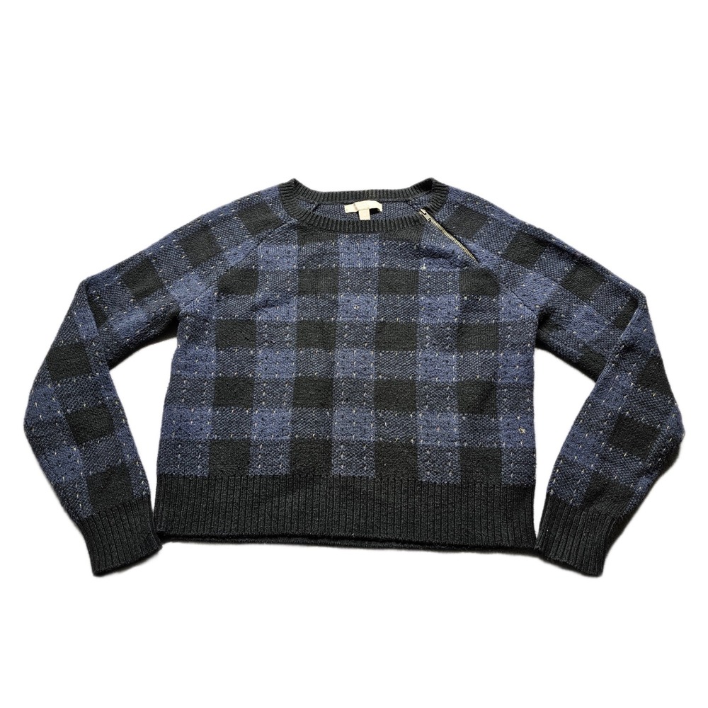 Banana Republic Sweater Womens Medium Blue Black Plaid Knit Long Sleeve Pullover